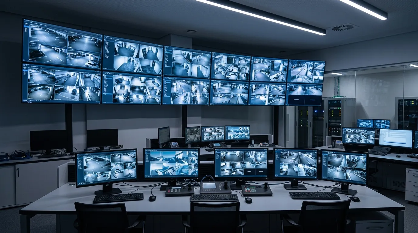 Integrated CCTV surveillance control room and security monitoring station in a modern facility